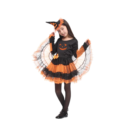 Girls Performance Witch Pumpkin Costumes With Hat Fancy Popular Halloween Makeup Ball Party Dress Kids Cosplay Performance Gift
