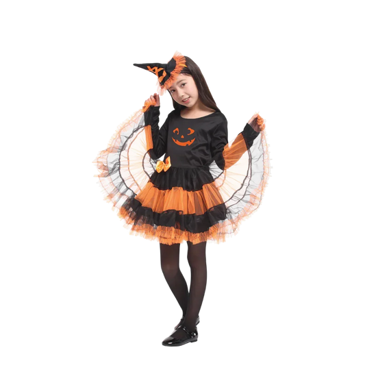 Girls Performance Witch Pumpkin Costumes With Hat Fancy Popular Halloween Makeup Ball Party Dress Kids Cosplay Performance Gift