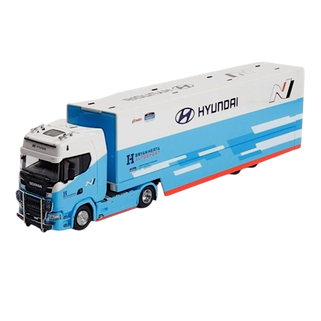 Maxwell 1:64 Scania S730 V8 Hyundai Transport Truck Die-Cast Model | Premium Car Carrier Trailer