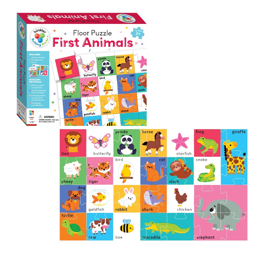 Hinkler Building Blocks Floor Puzzle First Animals | 28-Piece Educational Animal Jigsaw Puzzle with 16-Page Activity Book & Poster | Learning Puzzle for Kids Ages 3+