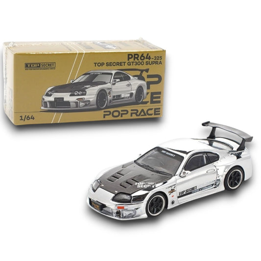POP RACE 1:64 Top Secret GT300 Supra Silver Chrome – Scale Premium Diecast Collectible Model Car