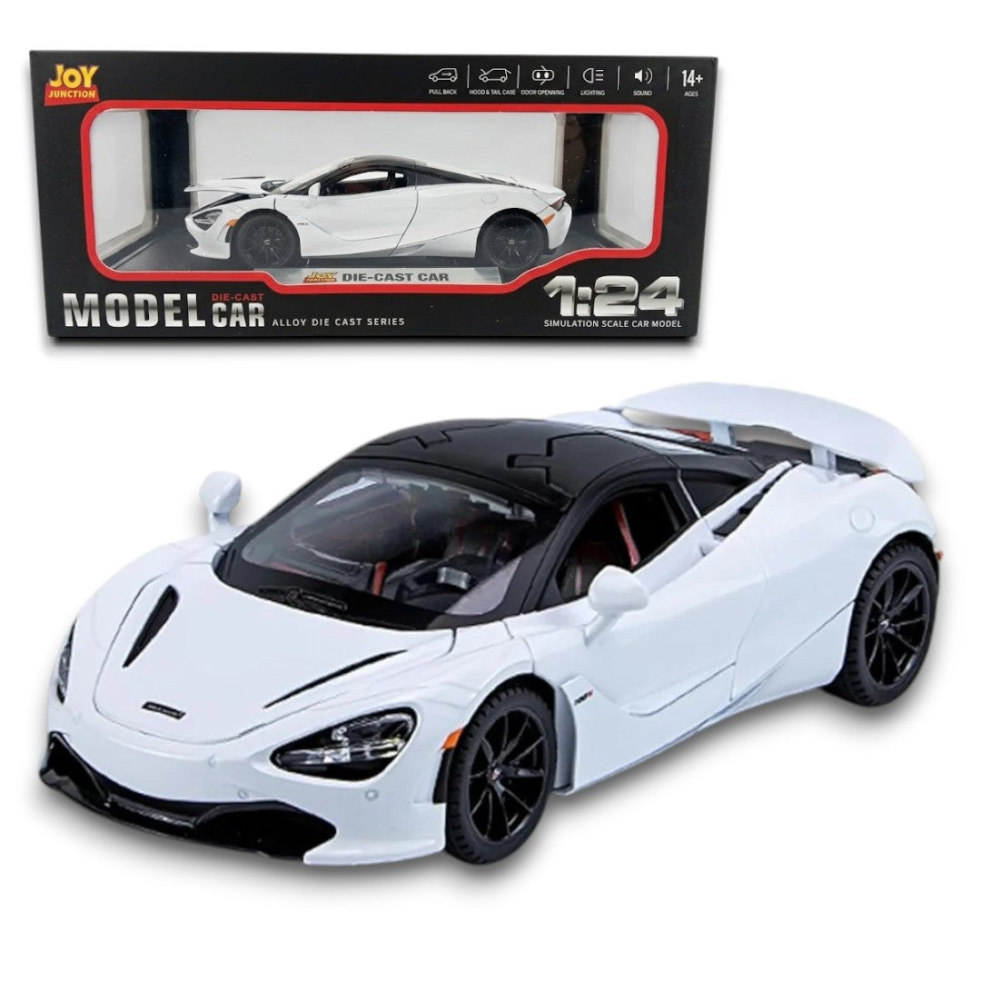 Joy Junction McLaren 720S Convertible 1:24 Diecast Car White – Metal Pullback Toy Car with Lights, Sound & Opening Doors