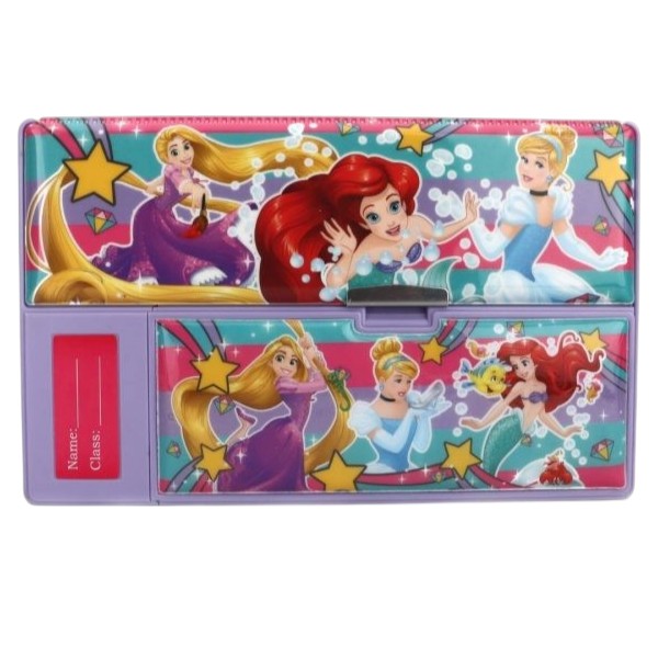 Disney Princess Kids Pencil Box with Calculator & Dual Sharpener | Large Capacity Multifunction Stationery Organizer | Purple