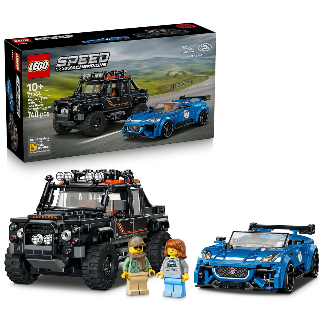 LEGO 77264 Speed Champions Jaguar Project 7 & Land Rover Defender – 2-Car Set with 2 Driver Minifigures, Ages 10+