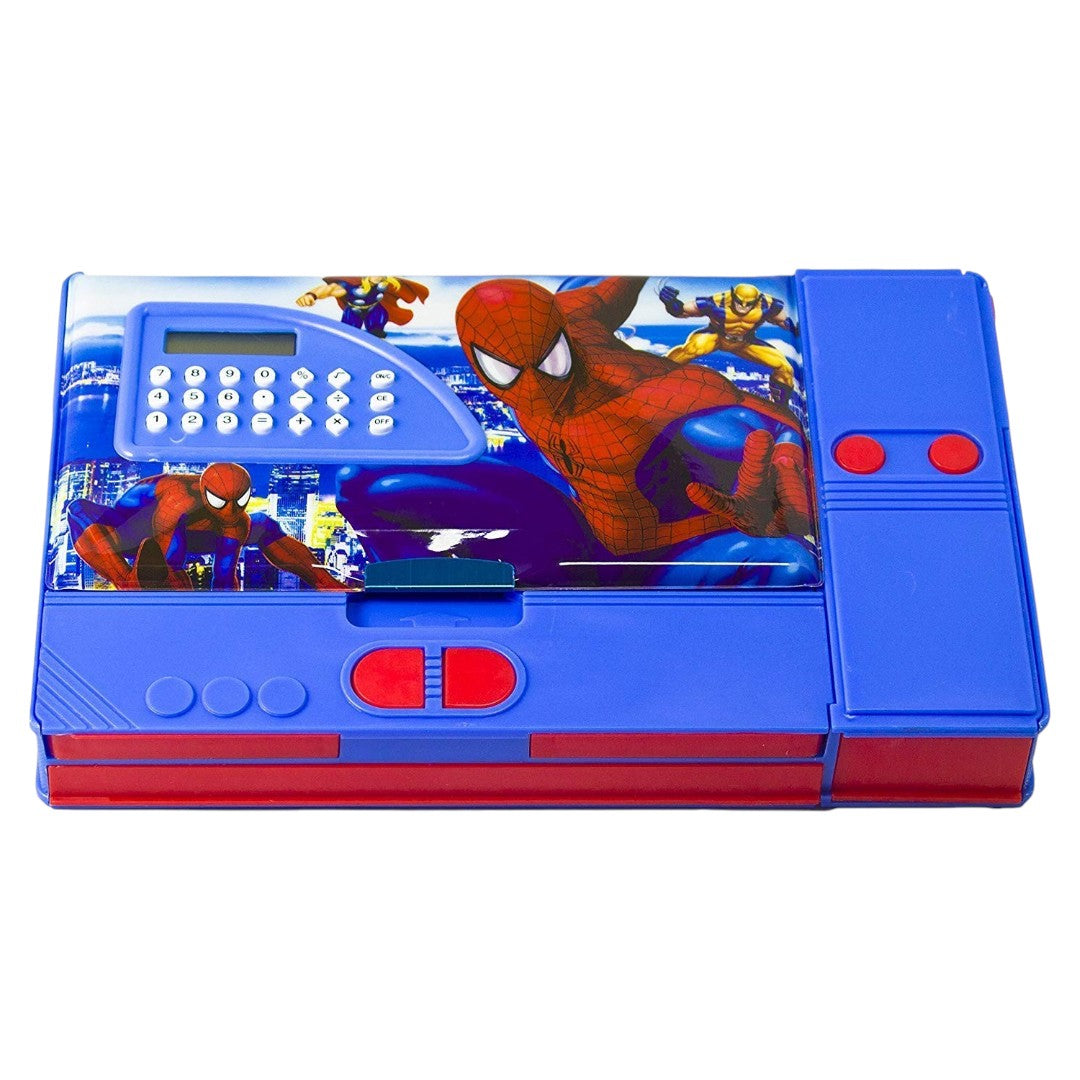 Marvel Spider-Man Kids Pencil Box with Calculator & Dual Sharpener | Large Capacity Multifunction Stationery Organizer | Blue