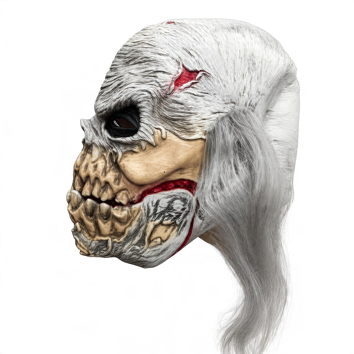 Halloween Zombie Skull Horror Mask with Open Jaw & Long Grey Hair – Scary Costume Mask for Adults