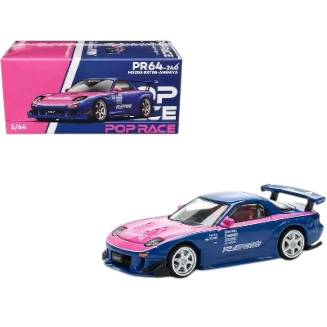POP RACE Mazda RX-7 RE Amemiya Blue Pink 1:64 Die-Cast Car Model