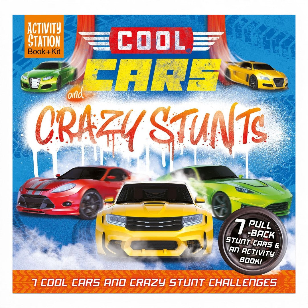 Cool Cars & Crazy Stunts Activity Station Book + Kit | Includes 7 Pull-Back Stunt Cars & Interactive Activity Book for Kids | BGX