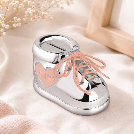 Momentz Baby Boot Money Bank Pink Silver | Decorative Baby Shoe Coin Bank, Piggy Bank & Nursery Keepsake Gift