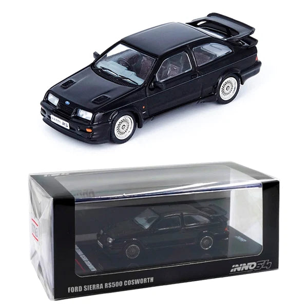 INNO64 Ford Sierra RS500 Cosworth Black 1:64 Scale Die-Cast Model Car | Premium Collectible Miniature with Detailed Interior, Rubber Tires & Display Case for Collectors