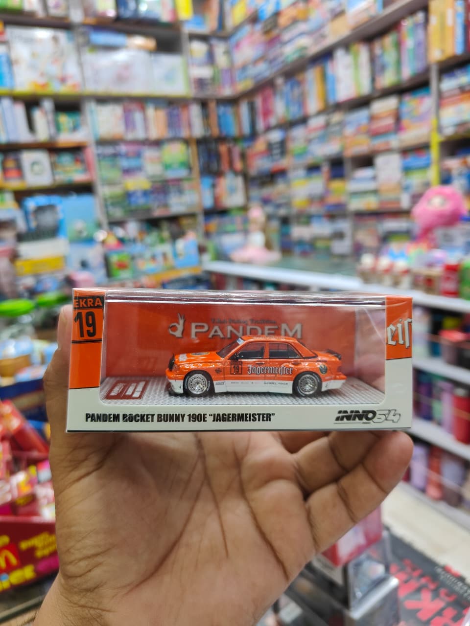 INNO64 1:64 Mercedes-Benz 190E Pandem Rocket Bunny Jägermeister #19 Die-Cast Model with Display Case
