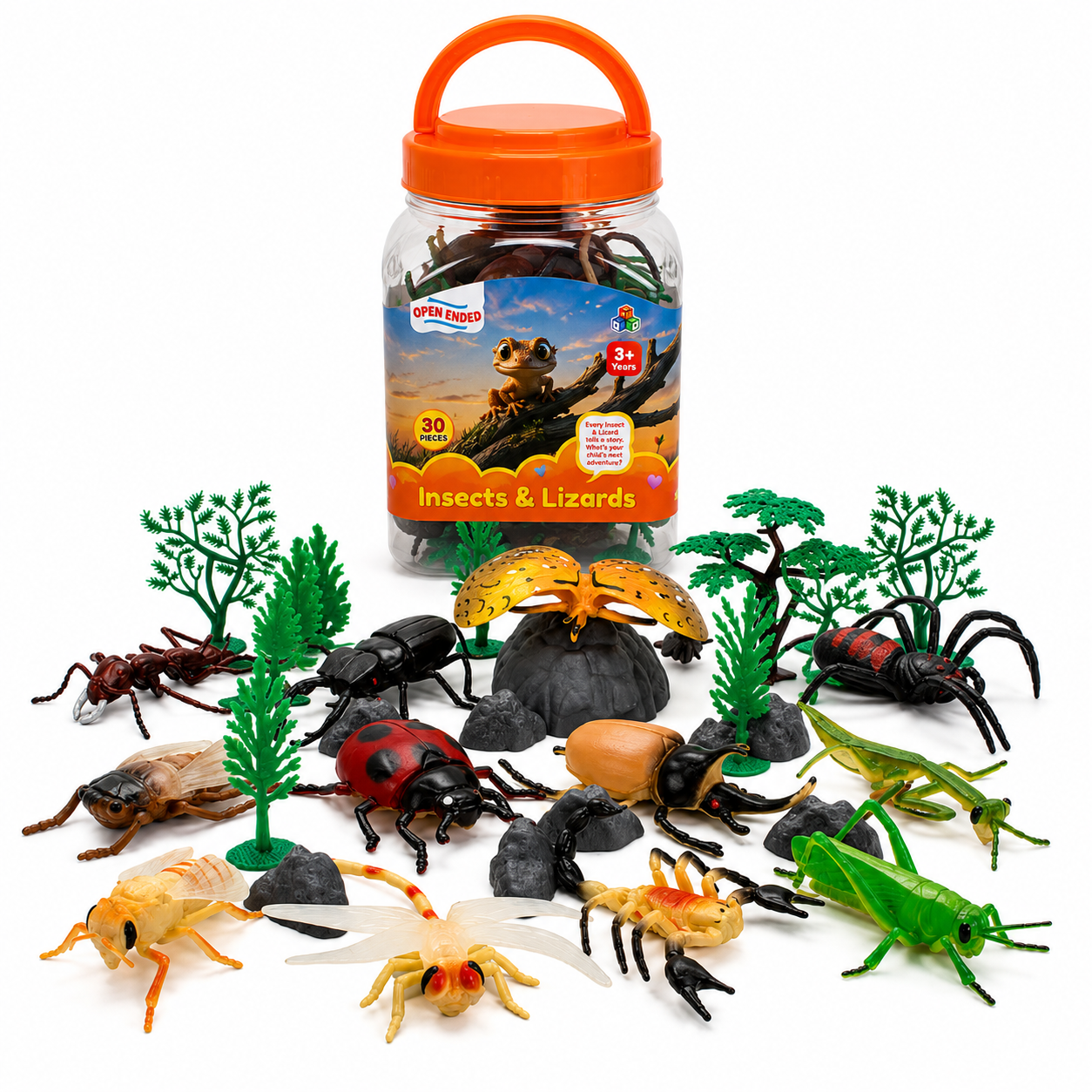 Open-Ended Insects & Lizards Playset - 30 Pieces | Realistic Insect & Reptile Figures with Nature Accessories | Educational Pretend Play Toy for Kids 3+ Years