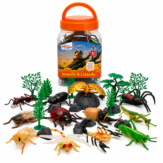 Open-Ended Insects & Lizards Playset - 30 Pieces | Realistic Insect & Reptile Figures with Nature Accessories | Educational Pretend Play Toy for Kids 3+ Years