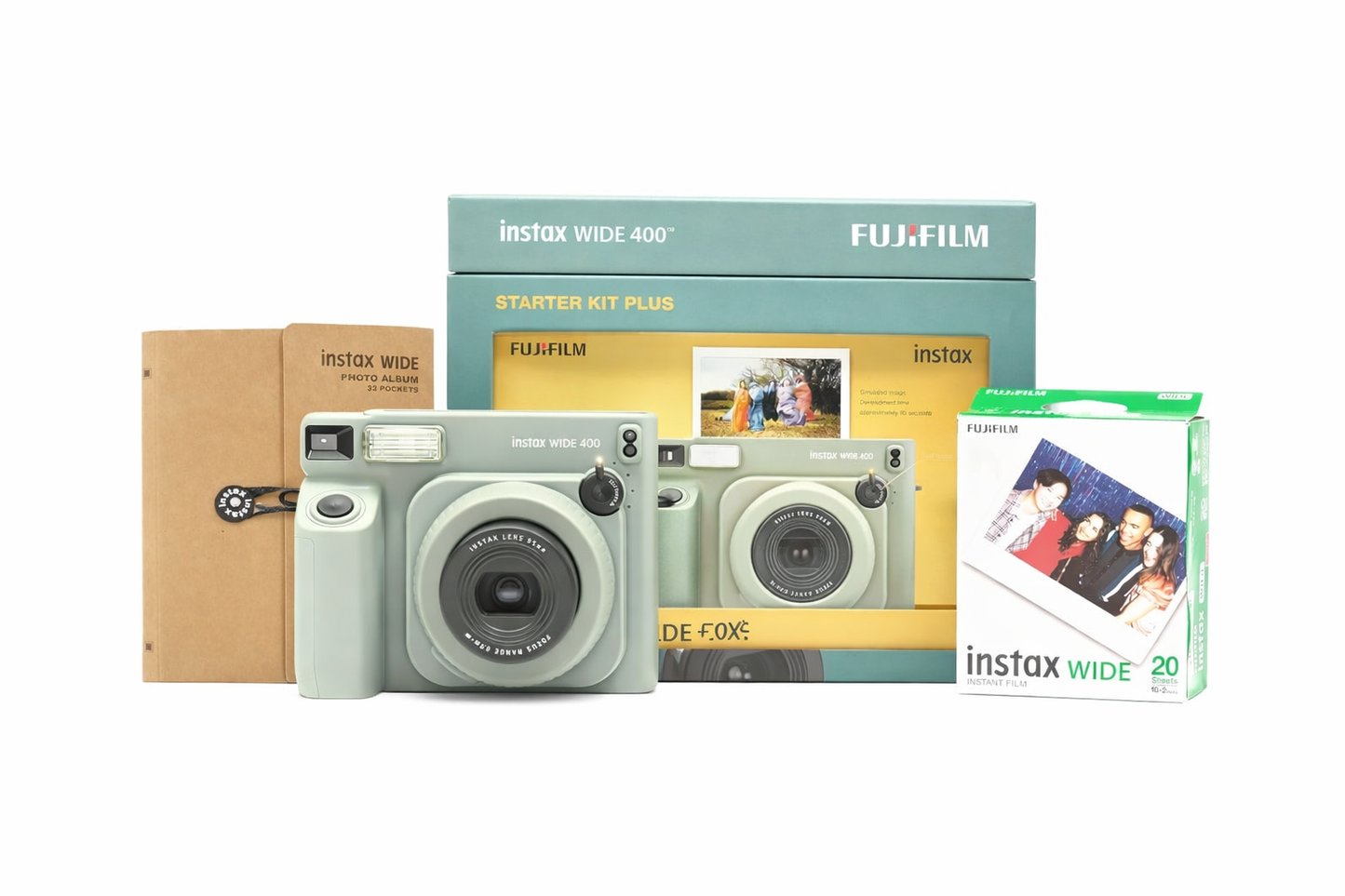 Fujifilm Instax Wide 400 Instant Camera Starter Kit Plus Green | Includes 20 Shots Film & Photo Album | Wide Format Instant Camera