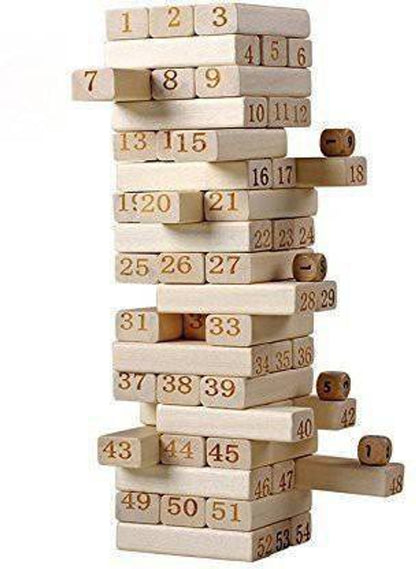 Simarr Number Stackeez Wooden Tower Game – 54 Numbered Wooden Blocks with Dice | Classic Stacking Balance Game for Kids & Family