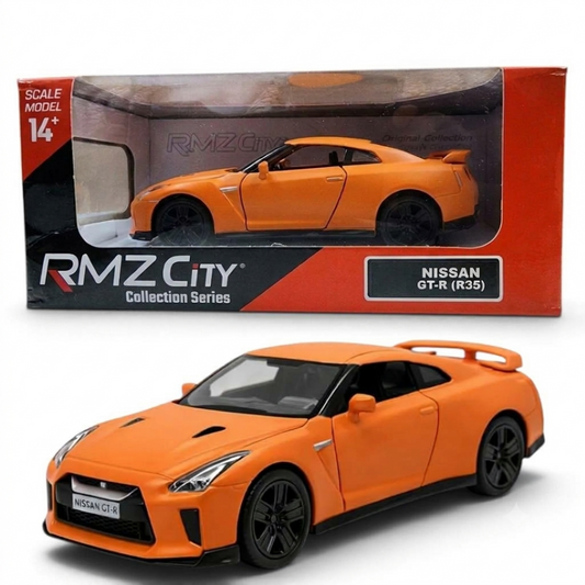 RMZ City Nissan GT-R R35 1:32 Scale Die-Cast Model Car – Orange Japanese Sports Car Collectible with Opening Doors, Pull-Back Action,