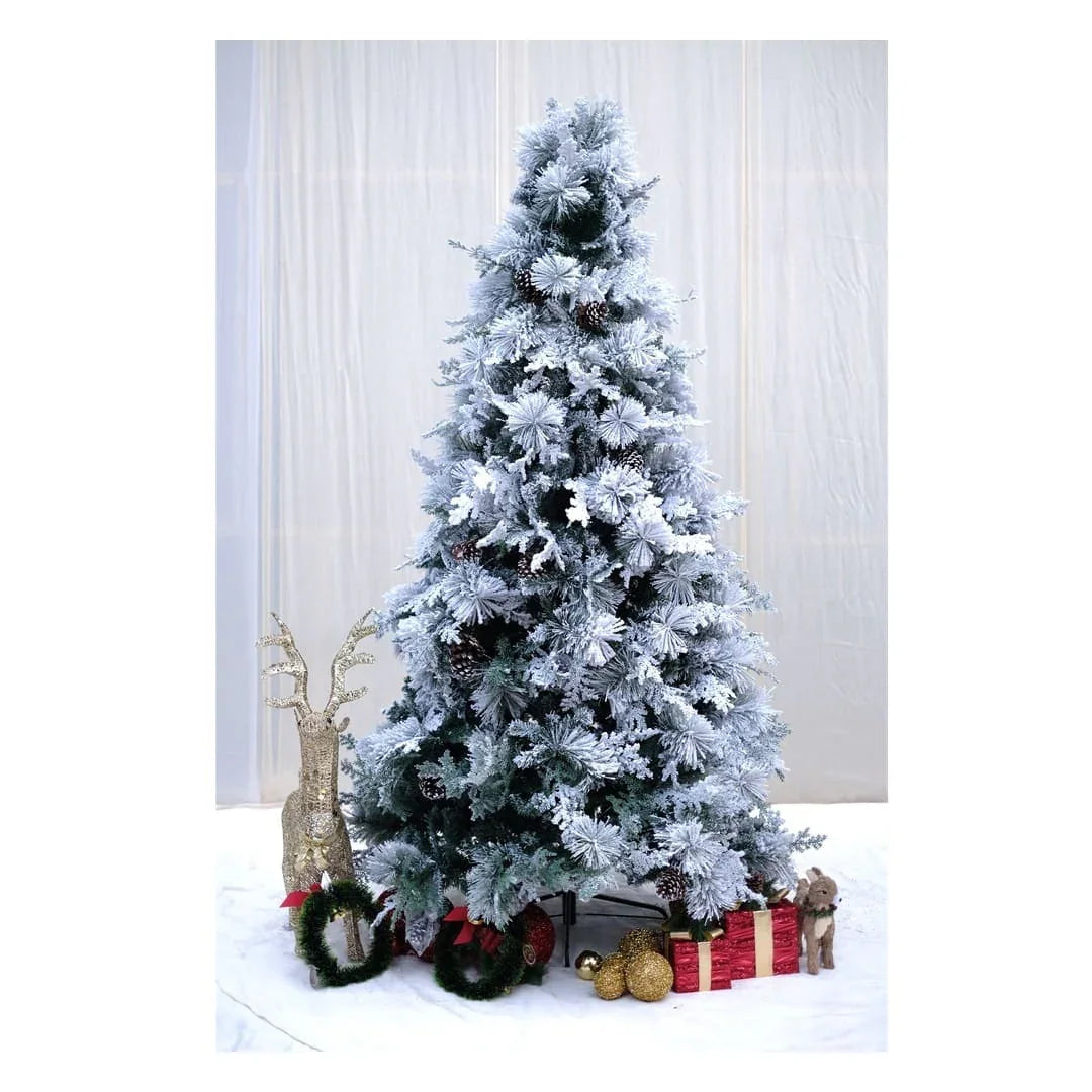 SWEN True Star 8-Feet Christmas Tree with Broad Pine Leaves, Frosting & Pine Cones | Premium Snow-Kissed Festive Tree