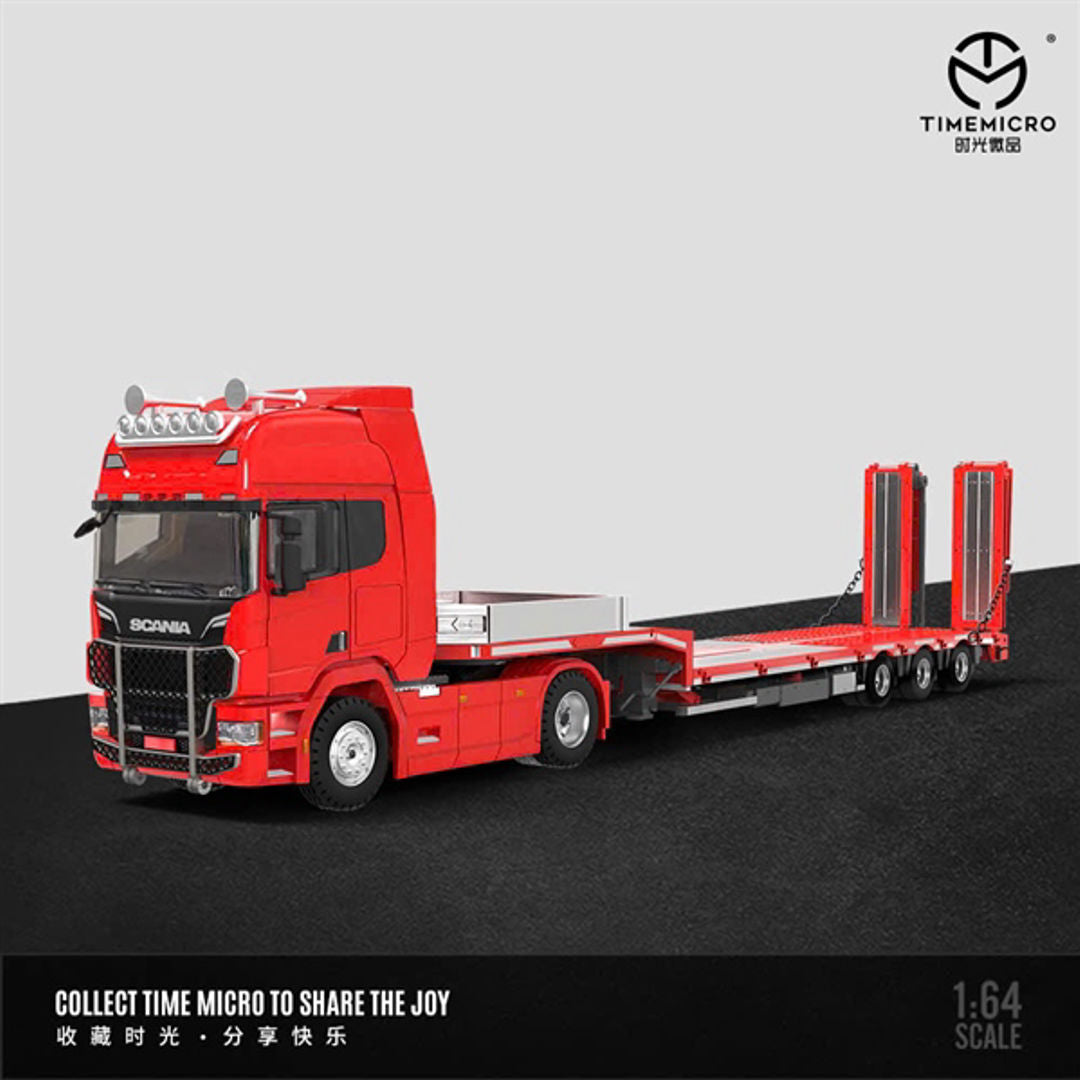 Time Micro 1:64 Scania Flatbed Transport Vehicle Diecast Model | Premium Metal Transporter with Display Base - Red