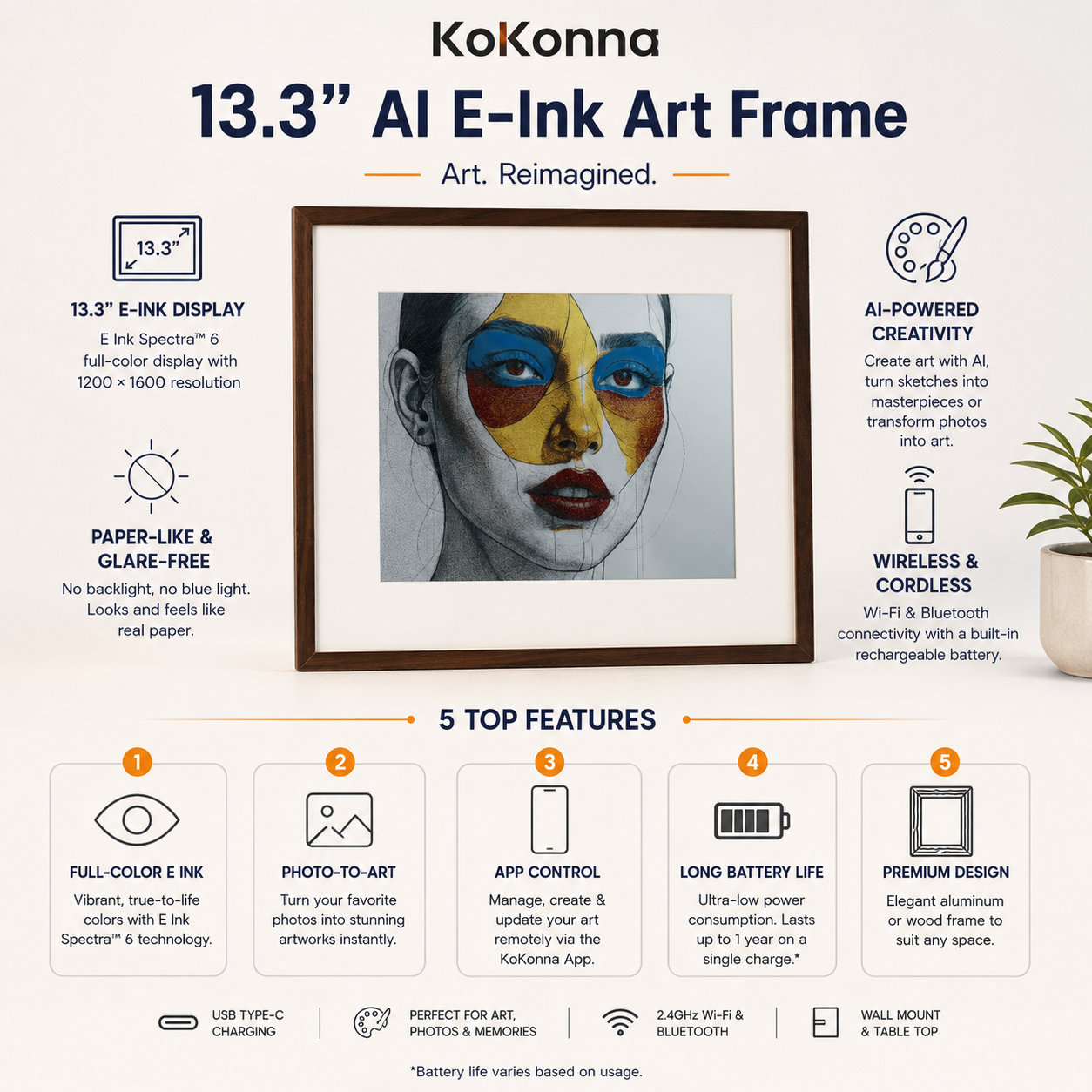 KoKonna 13.3″ AI E-Ink Art Frame | E Ink Spectra 6 Full-Color Display, 1200×1600 Resolution, Wireless AI Art & Photo Frame, Glare-Free Paper-Like Display, App & Voice Control, Long Battery Life