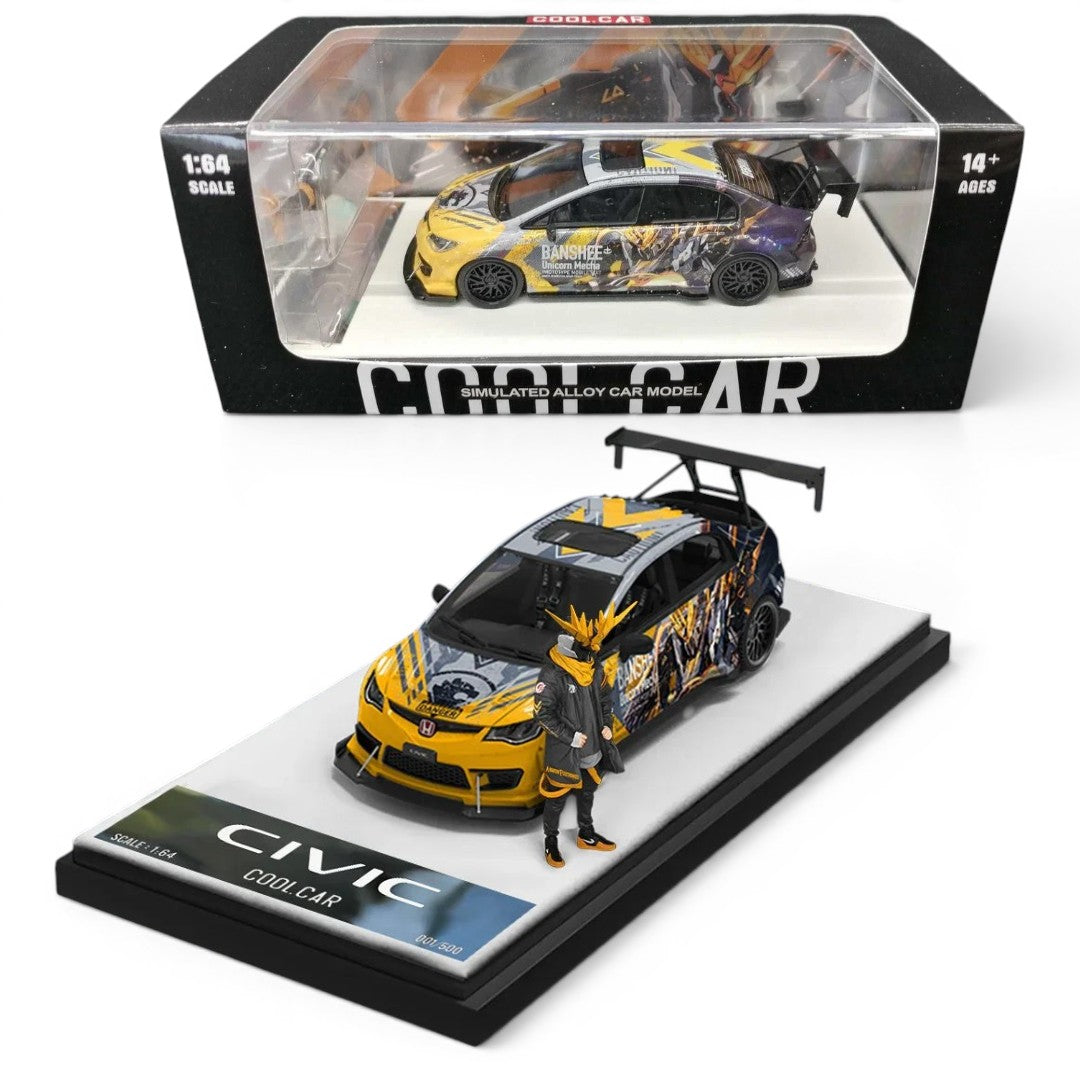 Cool Car 1:64 Honda Civic Explosive Modification Gray Mecha – Puppet Version Diecast Model | Limited Edition with Figurine