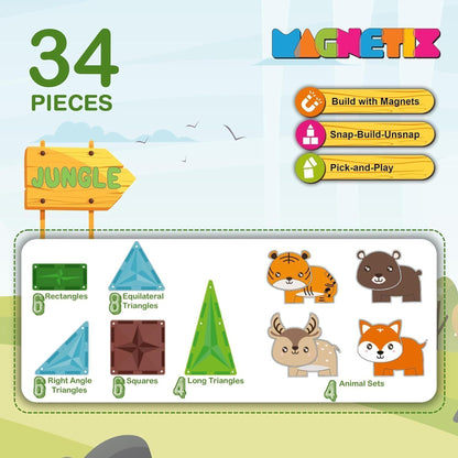 Zephyr Learning Steps Magnetix Jungle Magnetic Tiles Building Set – 34 Pieces, Ages 3+