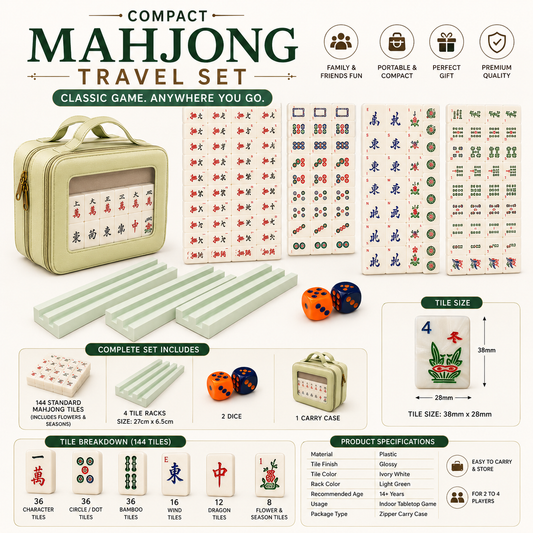 Compact Mahjong Travel Set with Carry Case, 144 Tiles, Racks, Mat & Dice- 38mm Tiles