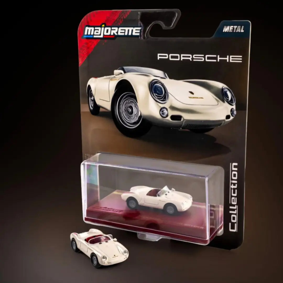 Majorette 1:64 Porsche 550 Spyder Cream Die-Cast Model Car with Display Case – Wave 5 Collection
