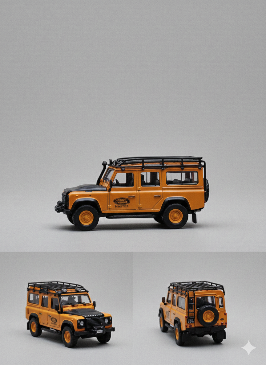 Master - Land Rover Defender 110 1:64 Scale Diecast Model Car | Off-Road SUV Collectible with Roof Rack & Kayak