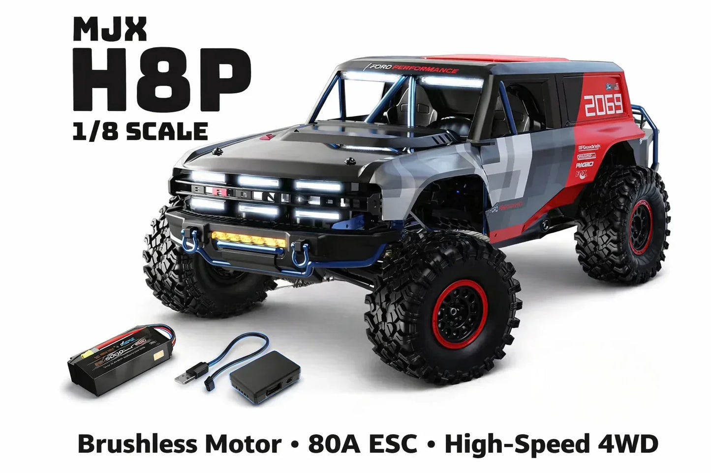 MJX  HYPER GO H8P 1:8 Scale Ford Motor Company Ford Bronco R Licensed 4WD RC Rock Crawler – Brushless Motor, 80A ESC, High-Speed Off-Road Remote Control Vehicle