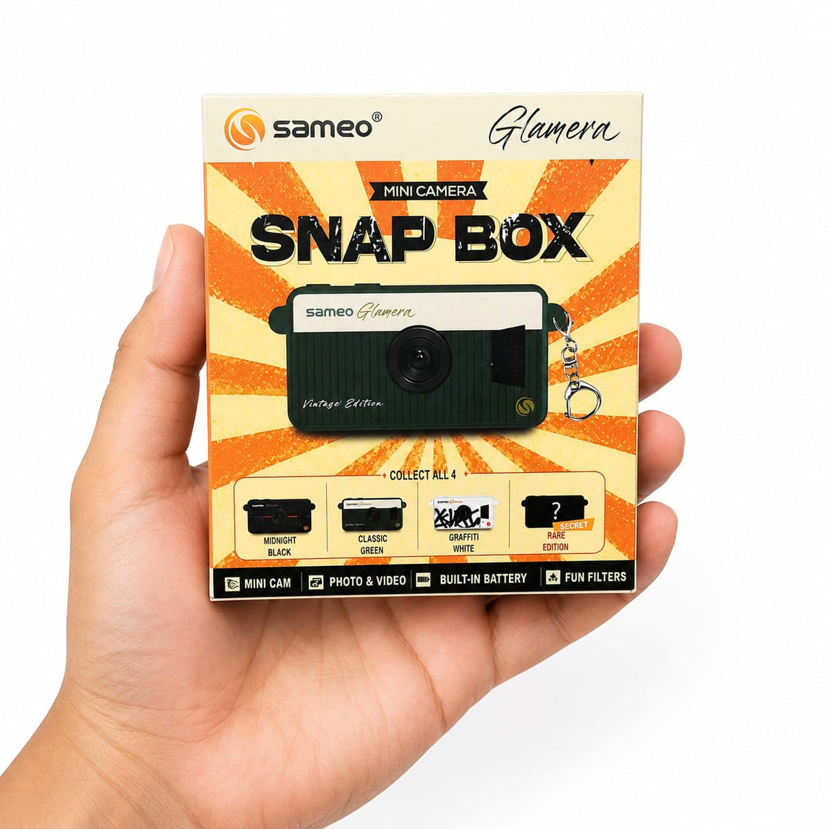 SAMEO Glamera Snap Box Mini Camera – 1 PC Random Design | 1080P Full HD Video, 12MP Photos, 7 Photo Filters, 0.96" IPS Display, Rechargeable Keychain Camera