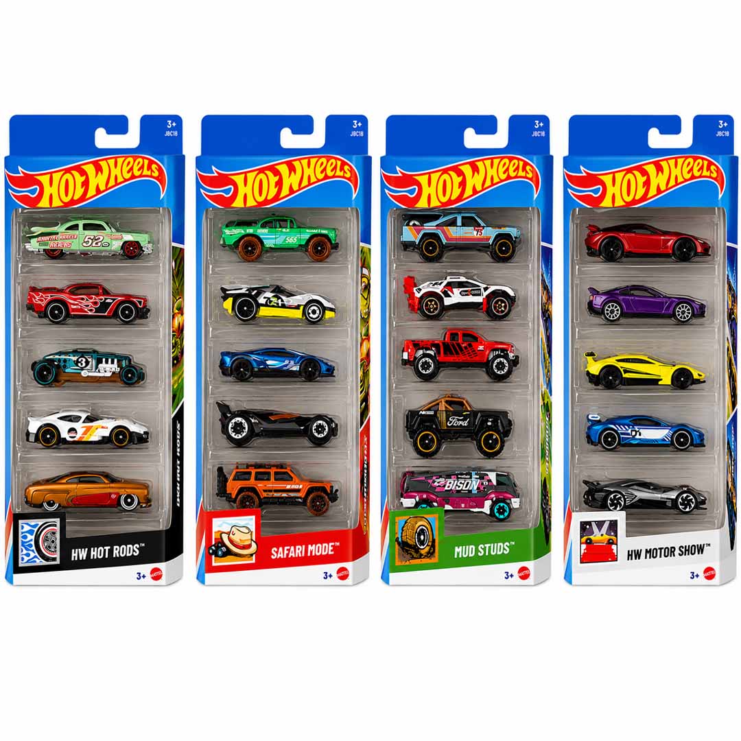 Hot Wheels 5-Pack Bundle – HW Hot Rods, Safari Mode, Mud Studs & HW Motor Show Die-Cast Cars