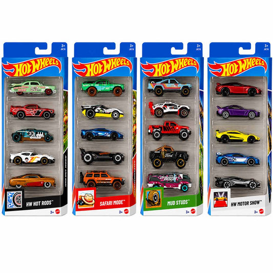 Hot Wheels 5-Pack Bundle – HW Hot Rods, Safari Mode, Mud Studs & HW Motor Show Die-Cast Cars