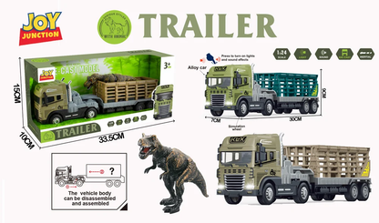 Joy Junction 1:24 Scale Alloy Animal Trailer Truck Toy with Dinosaur, Light & Sound – 29 cm Large Truck
