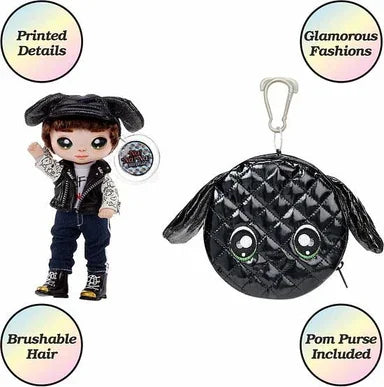 Na Na Na Surprise Glam Series Maxwell Dane Fashion Doll and Metallic Puppy Purse, Brunette Hair, Cute Dog Ear Hat Outfit & Accessories - Jaiman Toys