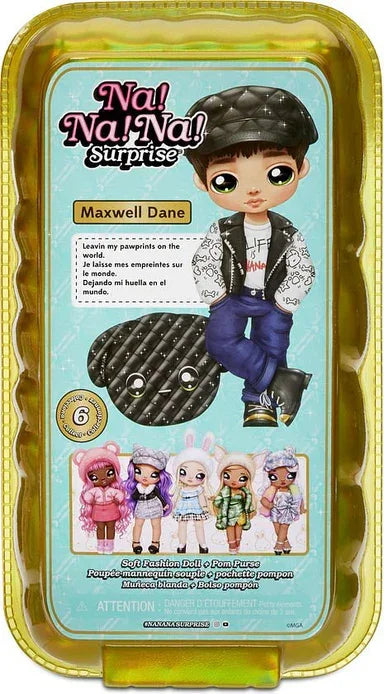 Na Na Na Surprise Glam Series Maxwell Dane Fashion Doll and Metallic Puppy Purse, Brunette Hair, Cute Dog Ear Hat Outfit & Accessories - Jaiman Toys