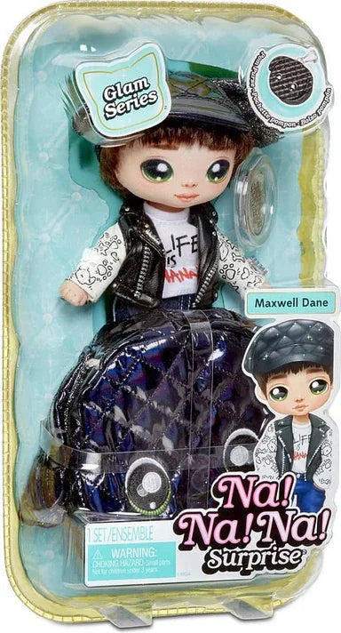 Na Na Na Surprise Glam Series Maxwell Dane Fashion Doll and Metallic Puppy Purse, Brunette Hair, Cute Dog Ear Hat Outfit & Accessories - Jaiman Toys