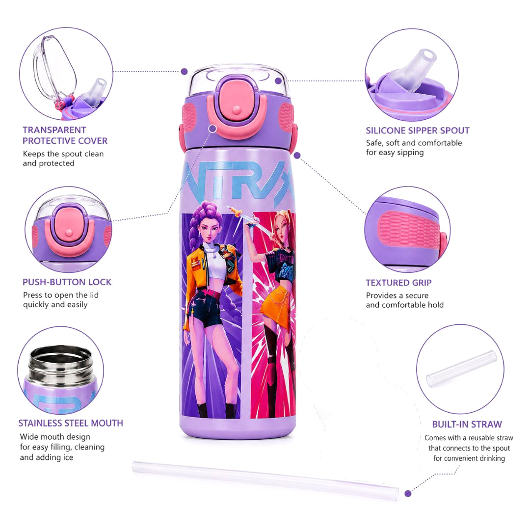 K-Pop Demon Hunters 620ml Vacuum Insulated Stainless Steel Water Bottle with Straw – Purple