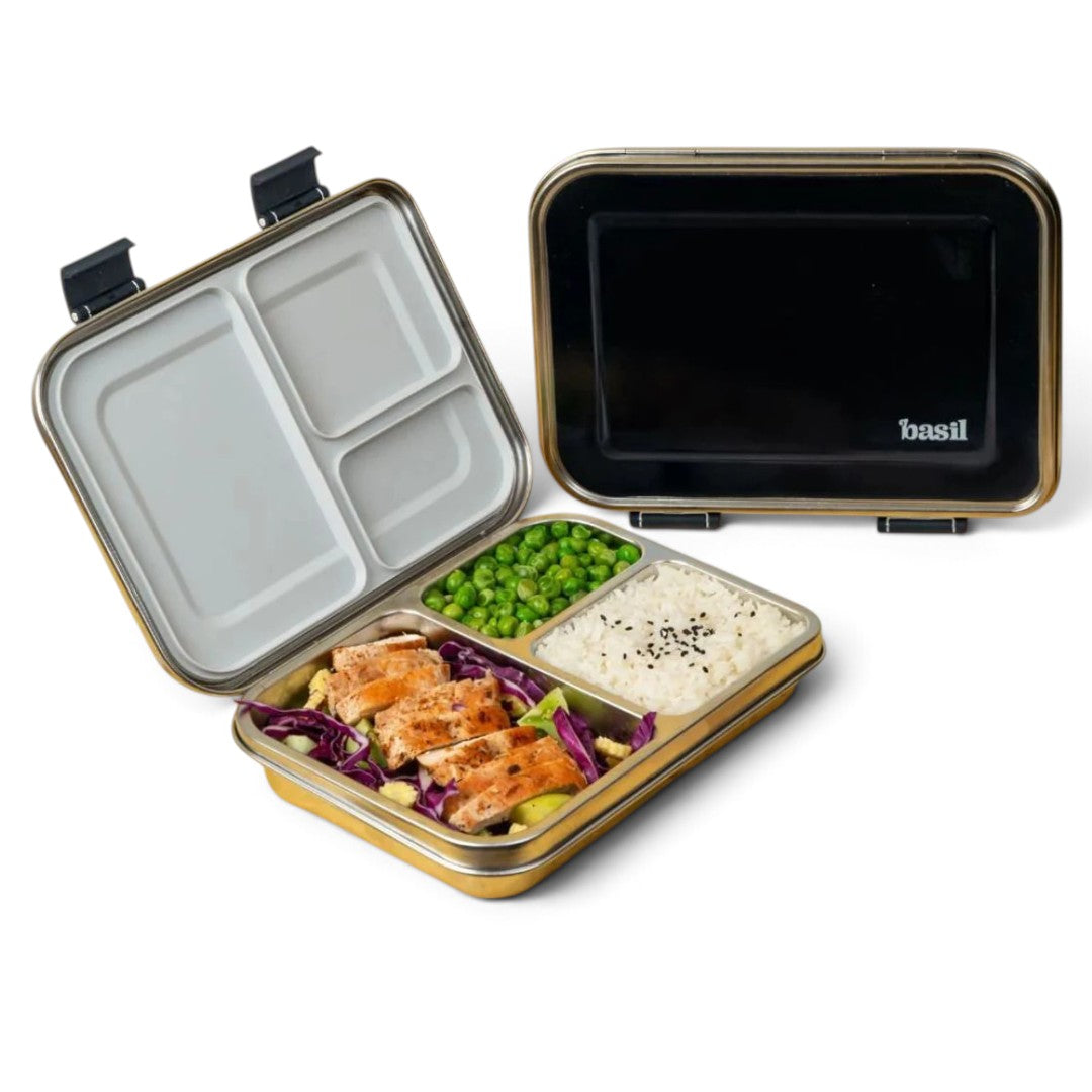 Basil Bento Neo Classic 1000ml Stainless Steel Lunch Box – 3 Section Leak-Proof Bento Box for Kids & Adults