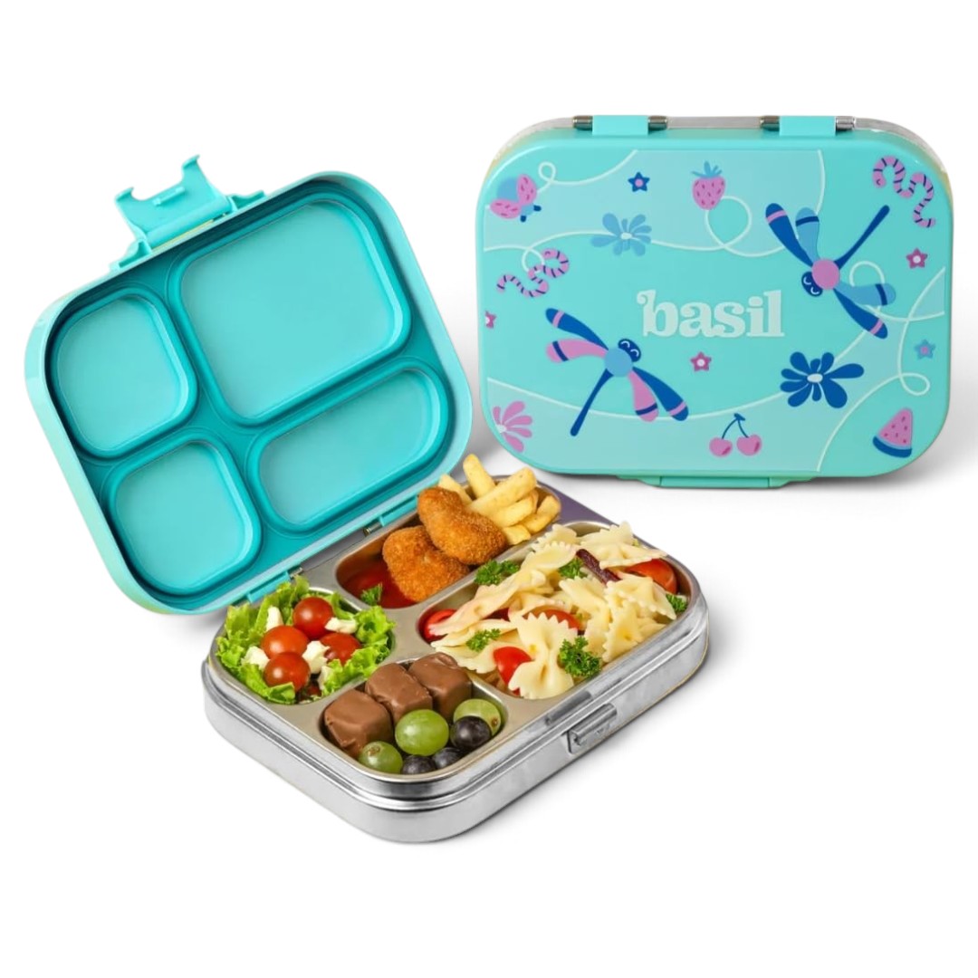 Basil Bento Box Quad 800ml Stainless Steel Lunch Box – 4-Section Leak-Proof Tiffin Box for Kids & Adults