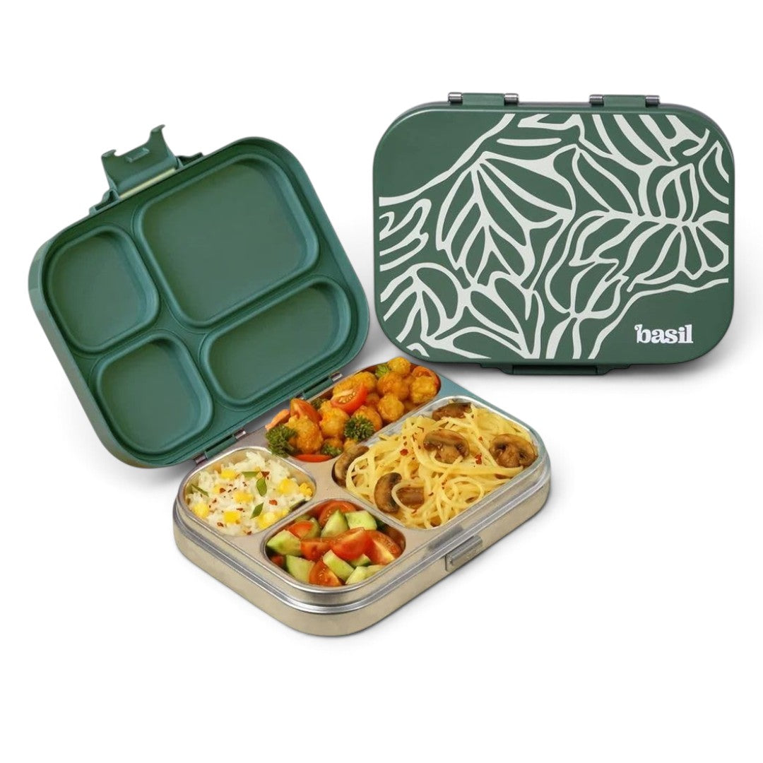 Basil Bento Box Quad 800ml Stainless Steel Lunch Box – 4-Section Leak-Proof Tiffin Box for Kids & Adults