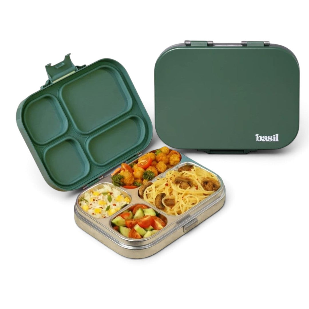 Basil Bento Box Quad 800ml Stainless Steel Lunch Box – 4-Section Leak-Proof Tiffin Box for Kids & Adults