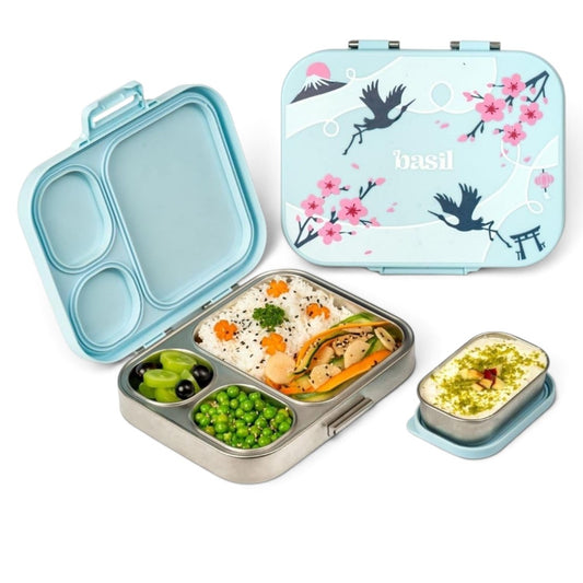 Basil Bento Box Quad Plus 1020ml Stainless Steel Lunch Box with Extra Container – Leak-Proof Tiffin Box for Kids & Adults