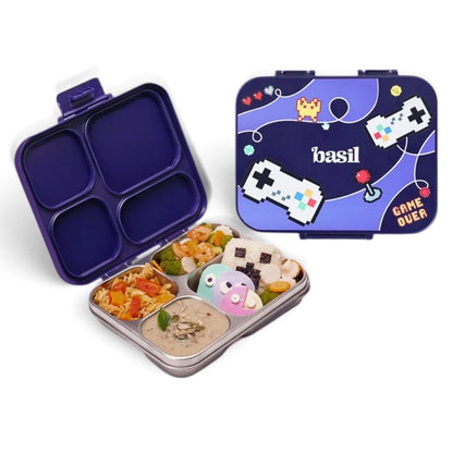 Basil Pixel Rush 1000ml Stainless Steel Bento Lunch Box | 4-Section Leak-Proof Kids Tiffin Box