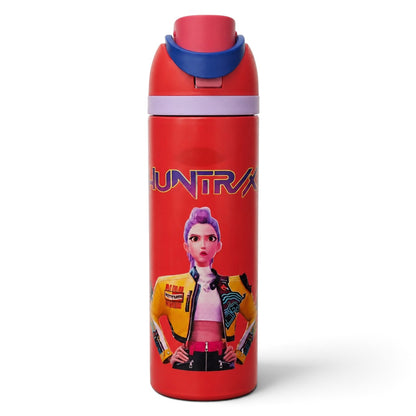 K-Pop Demon Hunters 800ml  Stainless Steel Kids Water Bottle with Straw, Flip-Top Lid & Carry Handle – Red
