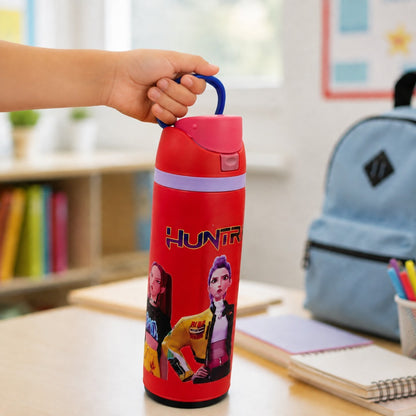K-Pop Demon Hunters 800ml  Stainless Steel Kids Water Bottle with Straw, Flip-Top Lid & Carry Handle – Red