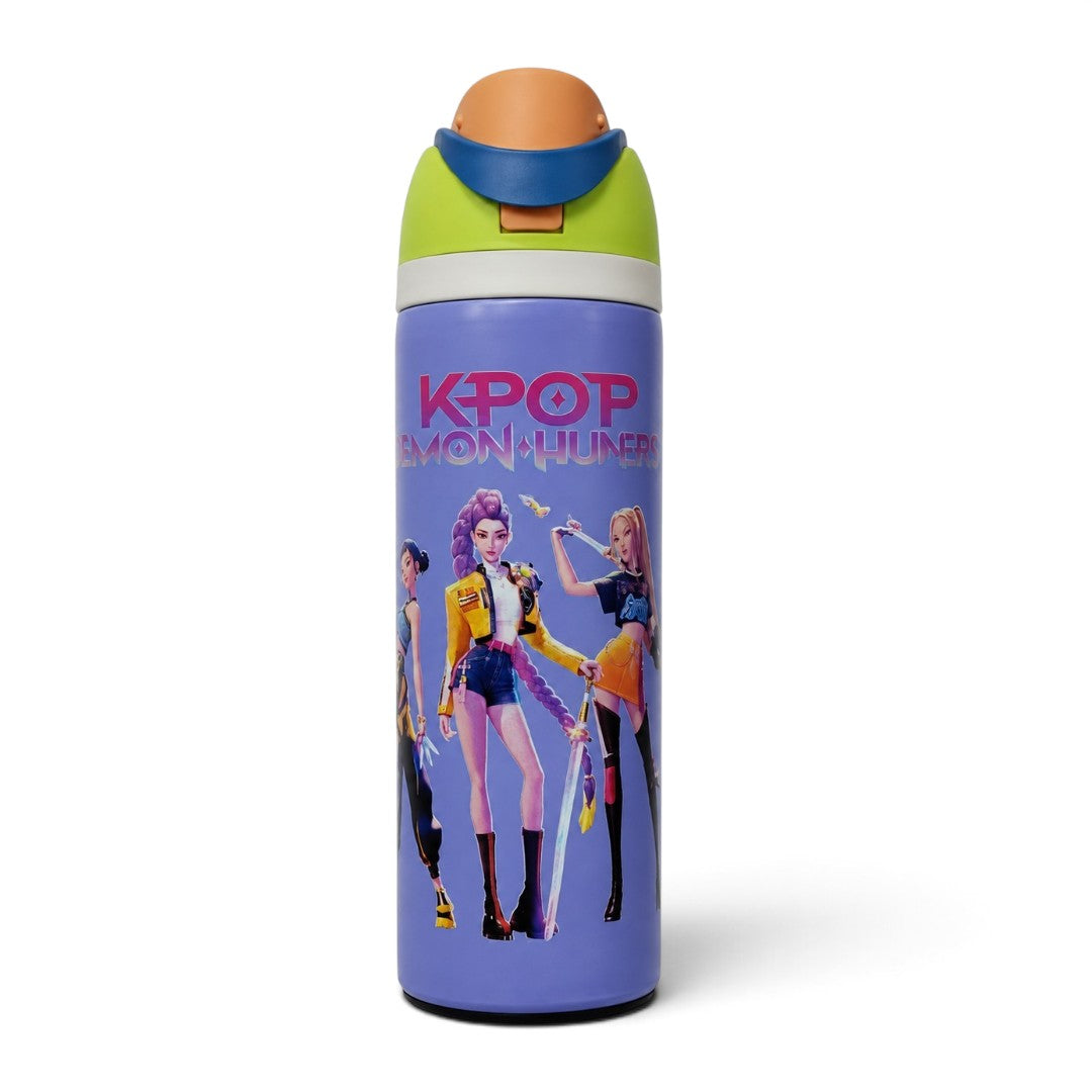 K-Pop Demon Hunters 800ml Stainless Steel Kids Water Bottle with Straw, Flip-Top Lid & Carry Handle – Purple