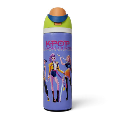 K-Pop Demon Hunters 800ml Stainless Steel Kids Water Bottle with Straw, Flip-Top Lid & Carry Handle – Purple