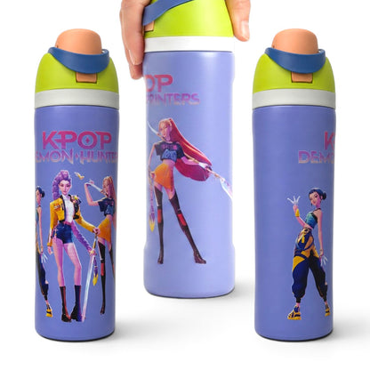 K-Pop Demon Hunters 800ml Stainless Steel Kids Water Bottle with Straw, Flip-Top Lid & Carry Handle – Purple