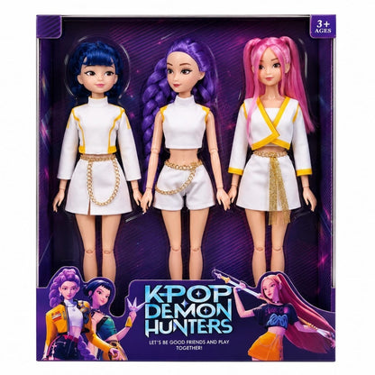 K-Pop Demon Hunters Inspired Fashion Doll Set of 3 | Colourful Hair Dolls with White Outfits & Accessories | 12Inch Pretend Play Dolls for Kids 3+ Years