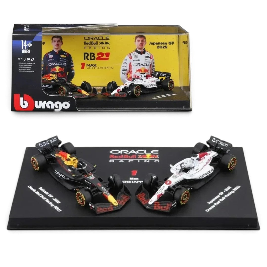 Bburago 1:64 Scale Oracle Red Bull Racing RB21 Max Verstappen #1 Bahrain & Japan GP 2025 Collectible F1 Die-Cast Model Set of 2
